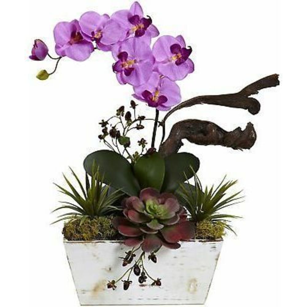 Nearly Natural 1458-Or Orchid & Succulent Garden With White Wash Planter